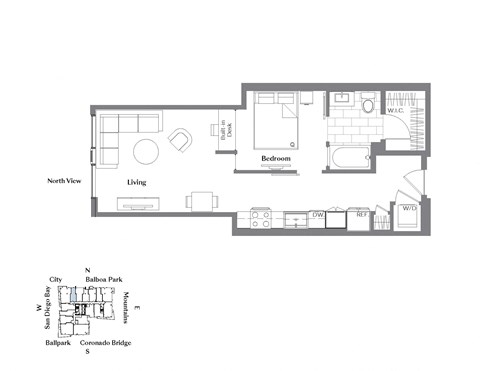 Floor plan for 1 bed, 1 bath, 635 sqft